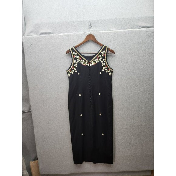 Vtg Black Sleeveless Ultra Dress W/Floral & Strawberry Embroidery Button Accents - Picture 3 of 6